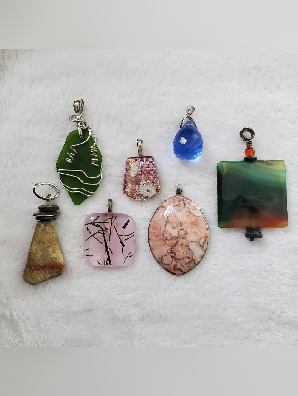 Assorted 7pcs Gemstone and Glass Pendant Jewellery Lot - Green, Blue, Pink +++